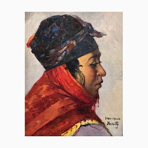 Francisque Noailly, Woman from North Africa, 1920s, Oil on Canvas & Cardboard, Framed