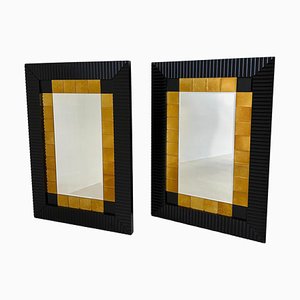 Italian Black Lacquered and Gold Wall Mirrors, 1980s, Set of 2