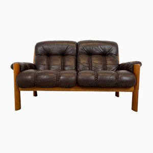 Vintage 2-Seater Sofa Montana with Quilted Real Leather Cushion & Teak Body from Ekornes