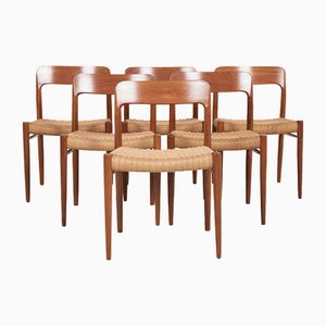 Mid-Century Danish Model 75 Dining Chairs in Teak and Paper Cord attributed to Niels Otto Møller, Set of 6