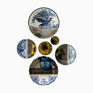 Sunflowers in Chinese Vase Installation of Ceramic Plates by Studio DeSimoneWayland, Set of 6