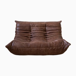 Dark Brown Leather Togo 2-Seat Sofa by Michel Ducaroy for Ligne Roset