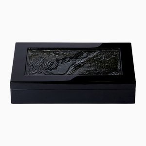 French Art Deco Black Lacquer and Carved Jade Stone Box, 1930