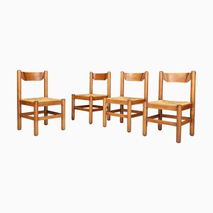 Oak & Rush Stühle im Stil von Charlotte Perriand, Frankreich, 1960er, 4er Set