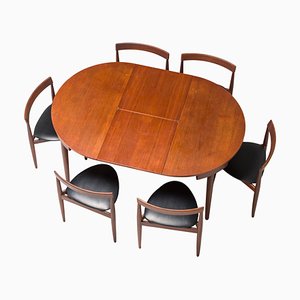 Teak Extending Dining Table & Tripod Leather Dining Chairs attributed to Hans Olsen, 1960s, Set of 7