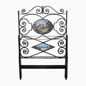 Wrought Iron Bed with Painted Headboard with Country Landscape and Lake, Italy, 1800s