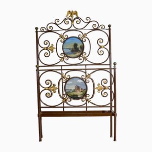 Wrought Iron Single Bed with Gilded Decorations and Brown Painted Frame