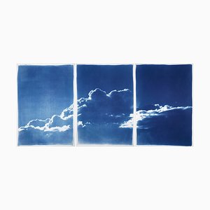 Kind of Cyan, Blue Tones Triptych of Serene Cloudy Sky, 2021, Cyanotype