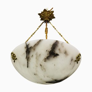 French White Alabaster and Bronze Pendant Light Fixture, 1920s