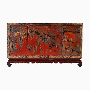 Antikes chinesisches rot lackiertes & handbemaltes Sideboard, 1900er