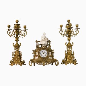 Triptych with Table Clock in Blue Porcelain and Chiseled Gilded Bronze, 1970s, Set of 3