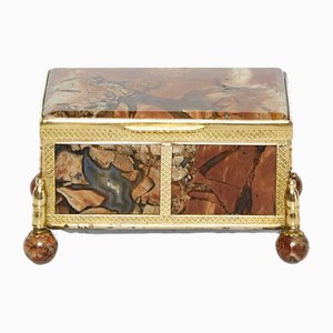 19th Century Napoleon III French Brass Red Agate Stone Jewellery Box