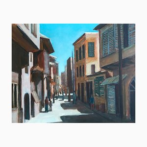 Curtenaz, animada calle peatonal, años 60, óleo sobre lienzo, enmarcado