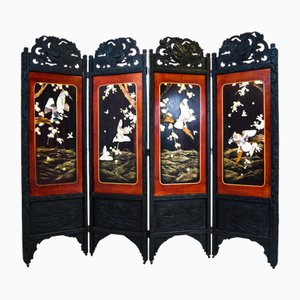 Mid-Century Brutalist Chinese 4 Panel Carved Soapstone Room Divider Screen, 1940s