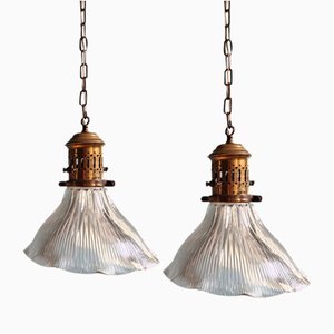Holophane Pendant Lights in Grooved Glass, 1920s, Set of 2
