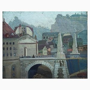 Marcel Ducret, Paesaggio al ponte, anni '50, Oil & Wood