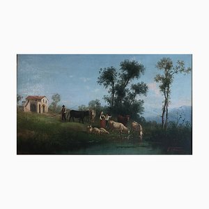 V. Attanasi, Peasants on the Edge of Letang, 1890s, Oil on Canvas, Framed