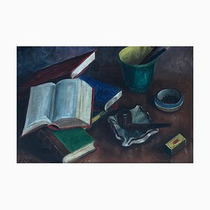 S. Pagani, Still Life with Books and Pipes, 1960s, Oil on Canvas, Framed
