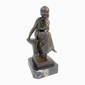 Art Deco Bronze & Marble Woman Sculpture, 1920s
