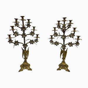Antique Candleholders in Golden Bronze, Set of 2