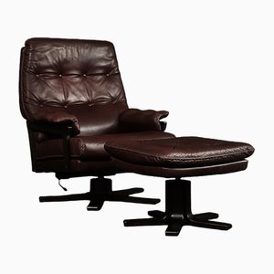 Mid-Century Scandinavian Modern Brown Leather Executive Swivel Chair & Ottoman, 1970s, Set of 2