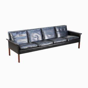 Sofa in Rosewood & Aged Black Leather by Hans Olsen for Cs Møbler, 1960s