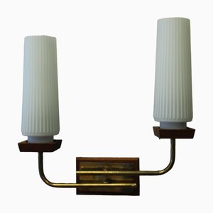 Wall Lamp in Teak with Fluted Opal Glass Lights, 1960s