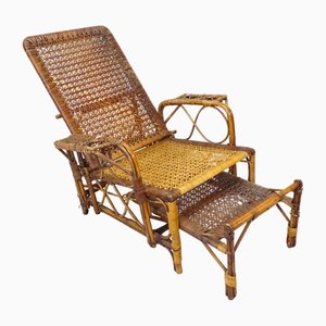 British Colonial Chair in Formed Bamboo and Cane with Pull Out Footrest, 1890s