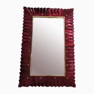Mid-Century Murano Red Art Glass and Brass Wall Mirror, 2000