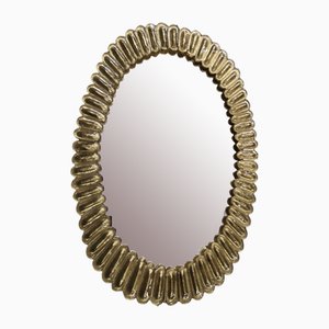 Mid-Century Italian Oval Murano Gold Art Glass and Brass Wall Mirror, 2000