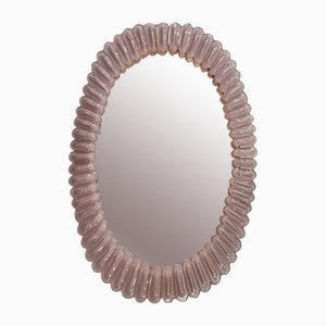 Mid-Century Italian Oval Murano Pink Art Glass and Brass Wall Mirror, 2000