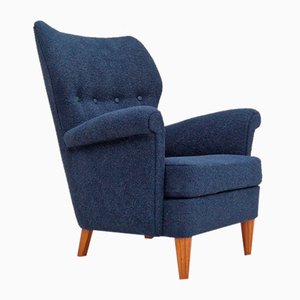 Swedish High-Back Armchair in Dark Blue Furniture Fabric, 1970s
