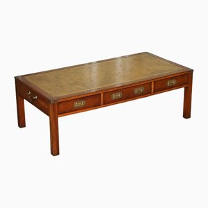 Vintage Yew Wood Military Campaign Coffee Table with Embossed Leather, 1950s