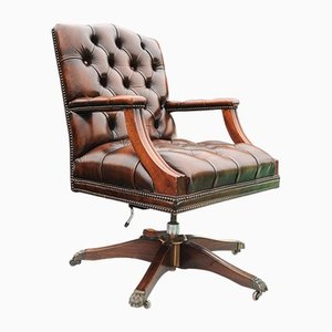 Antique Swivel Desk Chair in Polished Brown Leather, 1970s