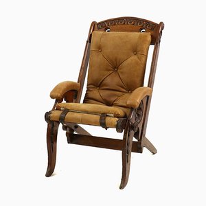 Antique Chair in Carved Oak and Polished Tan Leather