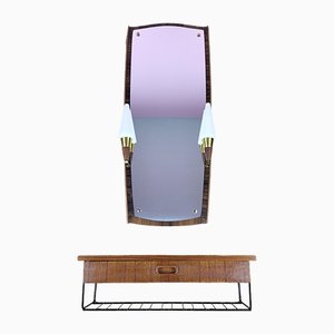 Espejo de teca con estantería y apliques de Lys & Stil, años 60. Juego de 2
