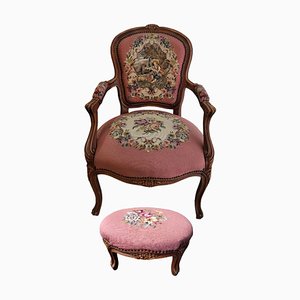 French Louis XV Upholstered Needlework Armchair with Ottoman, Set of 2