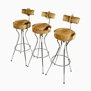 Tabourets de Bar Pivotants en Chrome et Cuir de Chèvre, 1960s, Set de 3