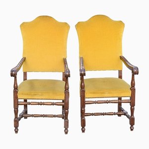 Poltrone in legno intagliato e velluto giallo, anni '80, set di 2