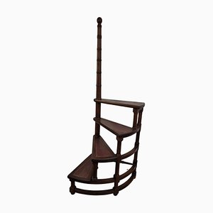 Mid-Century Italian Carved Walnut and Leather Spiral 4-Step Library Ladder, 1950s