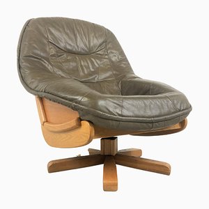 Brutalist Oak and Leather Swivel Chair, 1970s