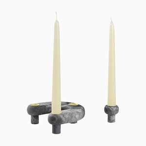 Handmade U Shape Candleholder with Pod in Grey Bardiglio Marble and Brass from Fiam