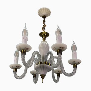 Italian Murano White Clear and Milk Glass Six-Arm Chandelier, 1950s