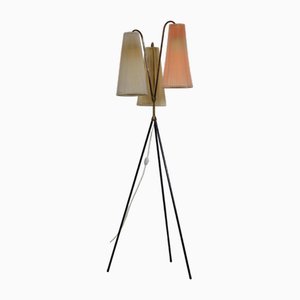 Lampadaire Tripode Vintage en Laiton & Plisse, 1950s