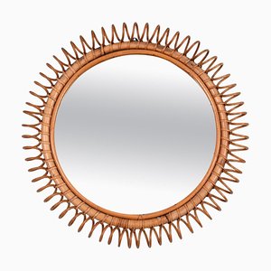 Mid-Century French Riviera Round Rattan Wall Mirror by Franco Albini, Italy, 1960s