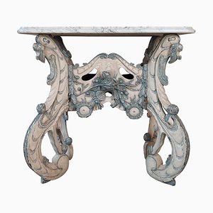 Dutch Carved Kwab Console Table in Blue and White Painted Limewood