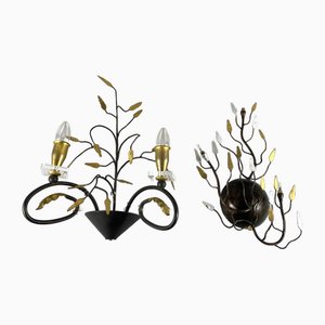 Vintage Art Wall Sconces in Black and Gold Wrought Iron, Italy, 1970, Set of 2