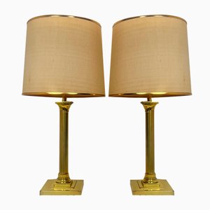 Large Brass Table Lamps with Lampshades from Metalarte, Spain, 1960s, Set of 2