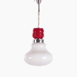 Lámpara colgante vintage con vidrio lechoso en rojo y blanco, años 60