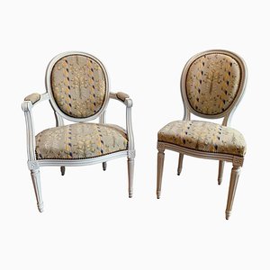 Fauteuil et Chaise Médaillon Style Louis XVI en Bois Laqué, 1950s, Set de 2